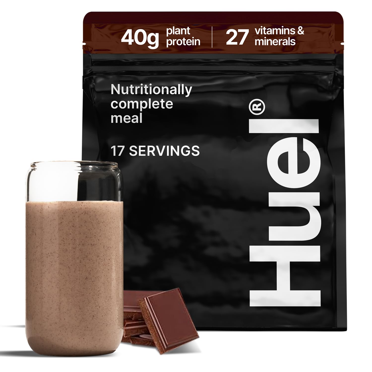 Huel Black Edition frente mostrando envase y diseño, beneficio conveniencia