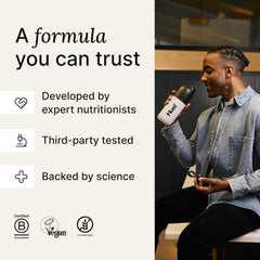 Detalle de la etiqueta nutricional de Huel Black Edition para verificar macros y vitaminas