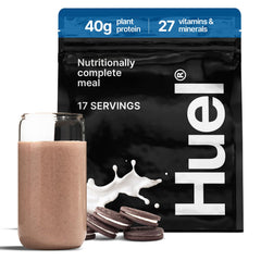 Huel Black Edition frente del envase mostrando sabor Cookies and Cream y conveniencia