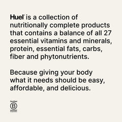 Huel Black Edition comparación de tamaño con frutas, porcentaje de porción visual