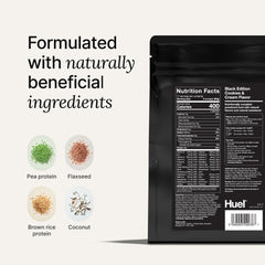 Huel Black Edition textura del polvo en primer plano, mezcla suave y sin grumos