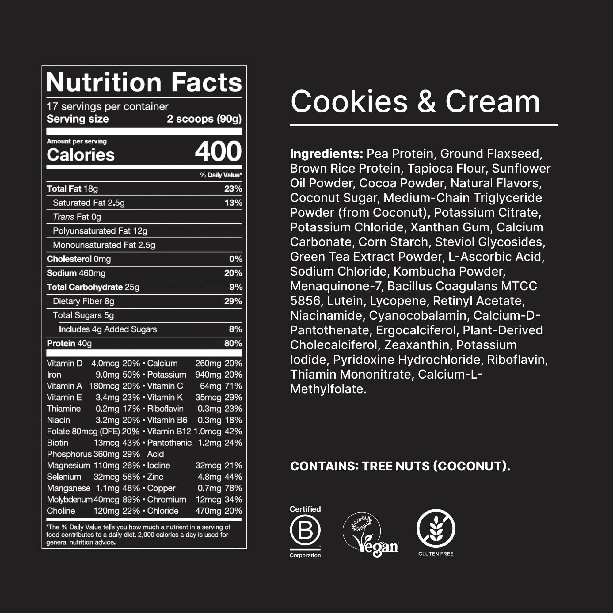 Huel Black Edition vaso servido junto a galletas, sabor cookies and cream apetecible