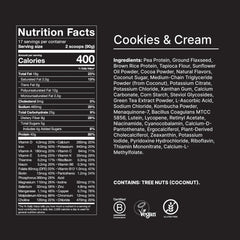 Huel Black Edition vaso servido junto a galletas, sabor cookies and cream apetecible