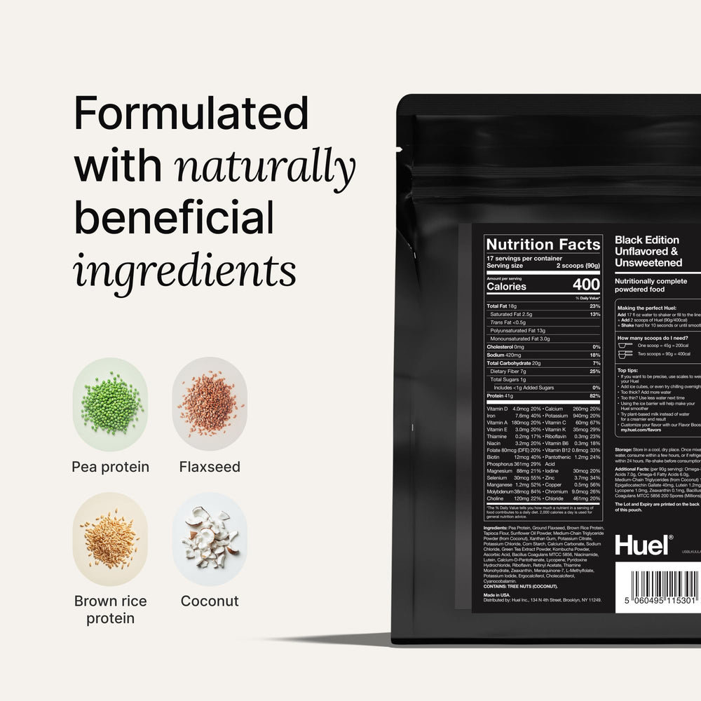 Vaso con Huel Black Edition preparado listo para beber, práctico y nutritivo