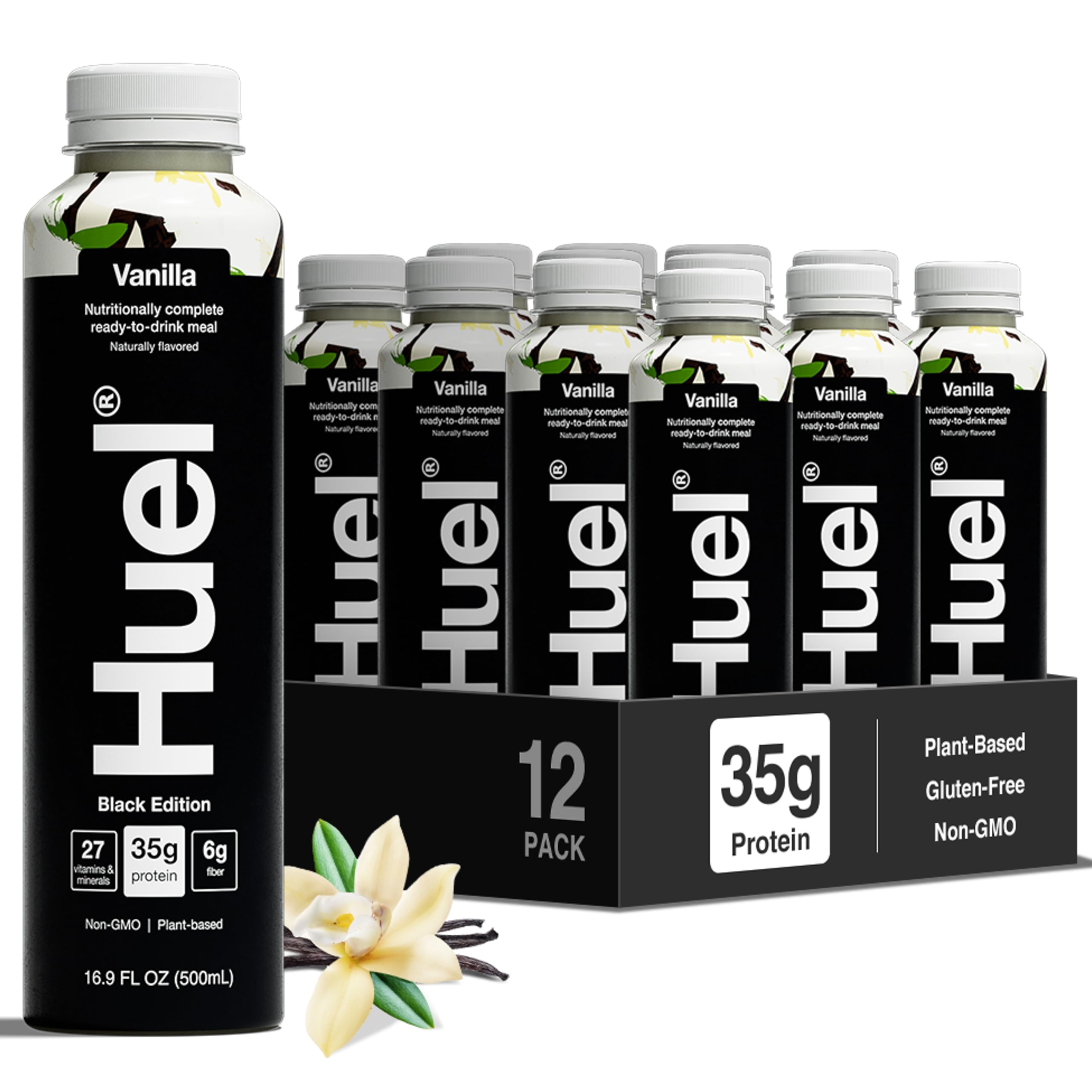 Huel botella frente mostrando el envase y beneficios nutritivos