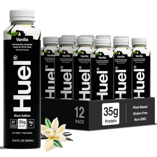Huel botella frente mostrando el envase y beneficios nutritivos