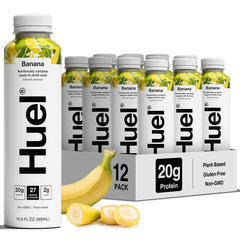 Huel botella frontal con sabor plátano mostrando etiqueta clara y práctica
