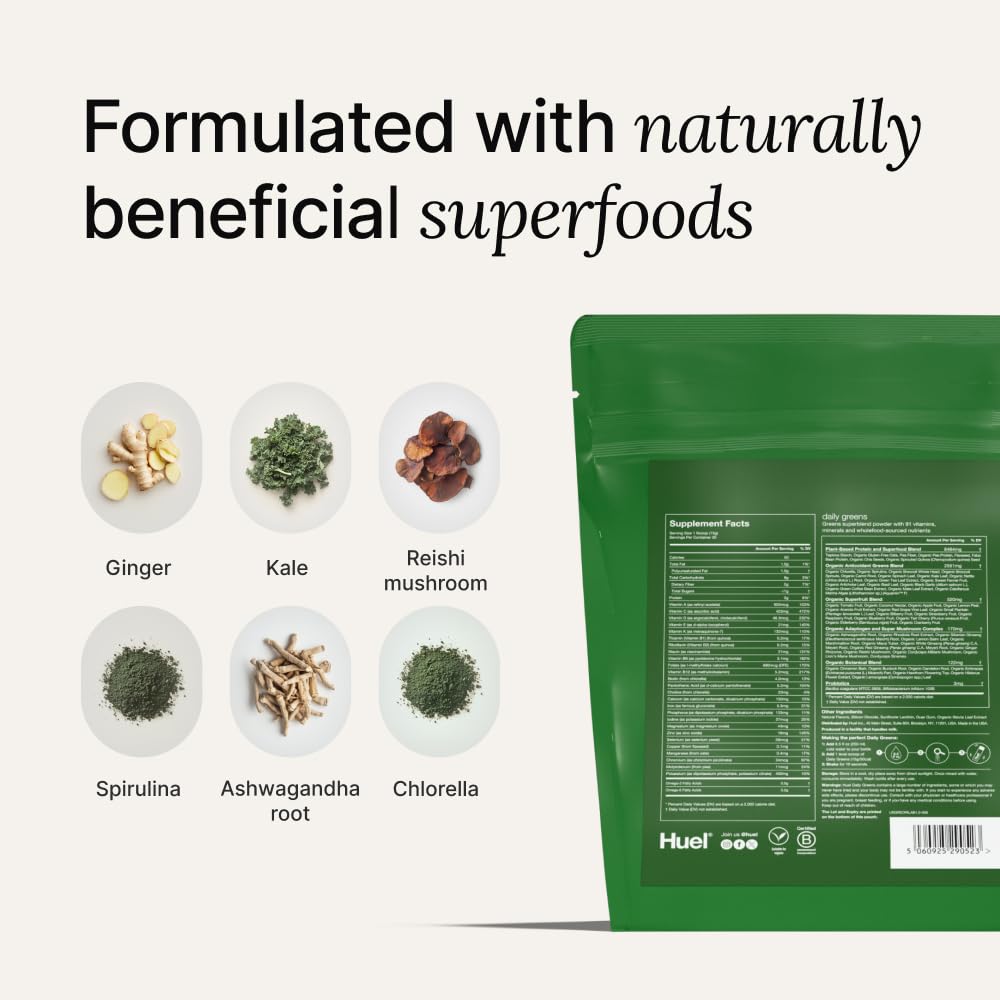Huel etiqueta nutricional visible que informa sobre vitaminas y minerales