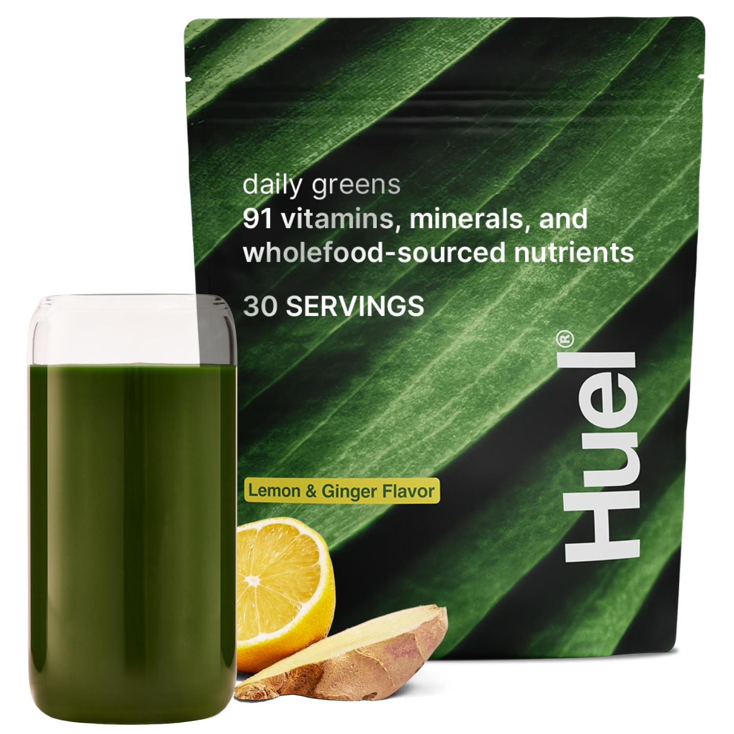 Huel Daily Greens frontal del envase mostrando marca y diseño atractivo