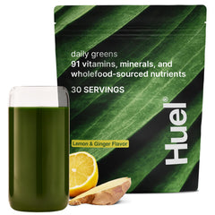Huel Daily Greens frontal del envase mostrando marca y diseño atractivo