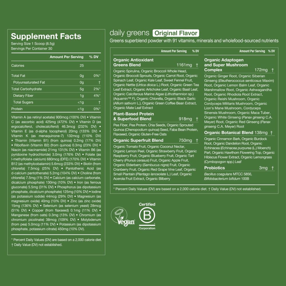 Huel Daily Greens ingredientes orgánicos en primer plano para pureza