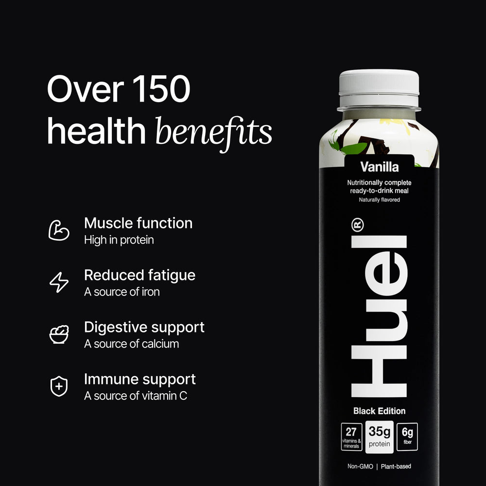 Huel etiqueta con lista de ingredientes y vitaminas para transparencia