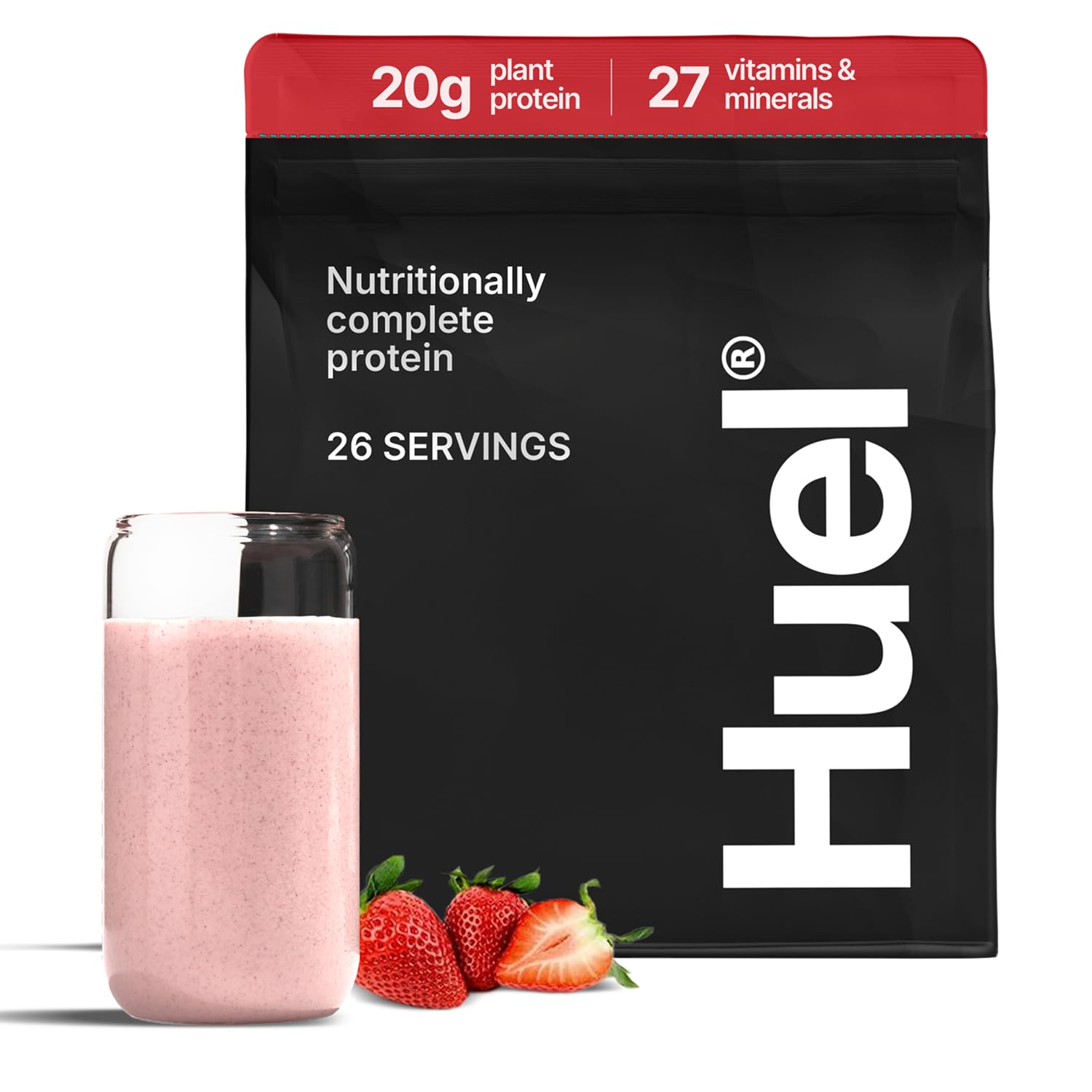 Huel envase frontal fresa mostrando marca y beneficio nutricional