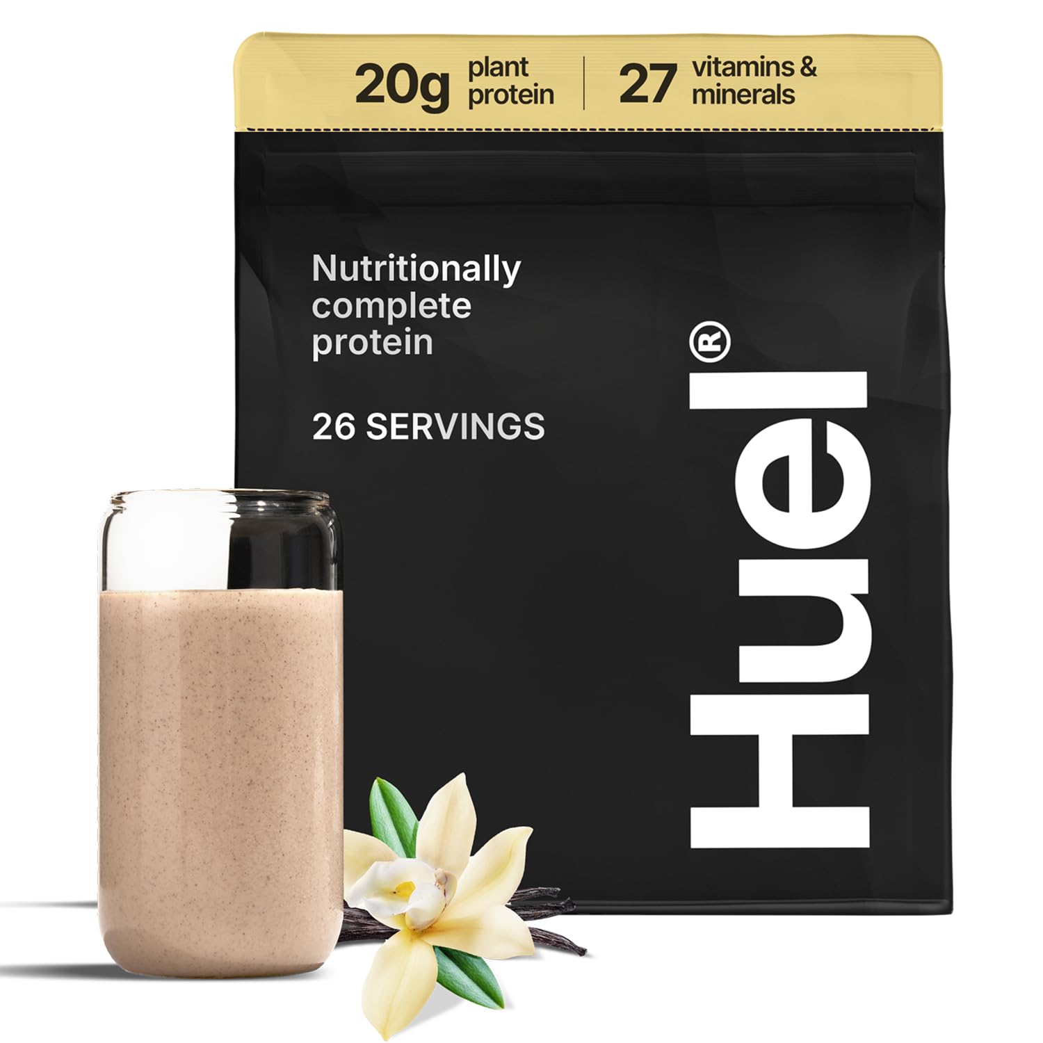 Huel polvo vainilla vista frontal mostrando empaque y ventaja nutricional