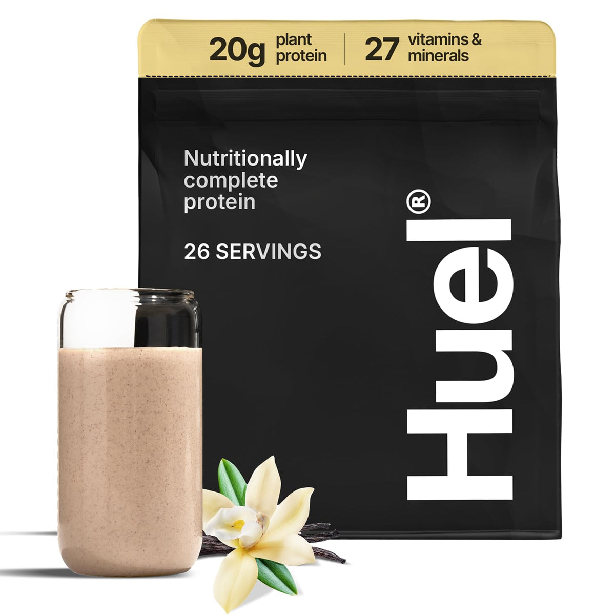 Huel polvo vainilla vista frontal mostrando empaque y ventaja nutricional