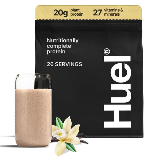 Huel polvo vainilla vista frontal mostrando empaque y ventaja nutricional