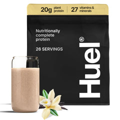 Huel polvo vainilla vista frontal mostrando empaque y ventaja nutricional