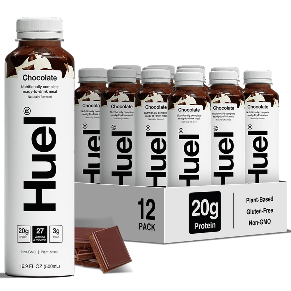 Huel Ready-to-Drink frontal mostrando la botella y beneficio portátil