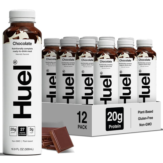 Huel Ready-to-Drink frontal mostrando la botella y beneficio portátil