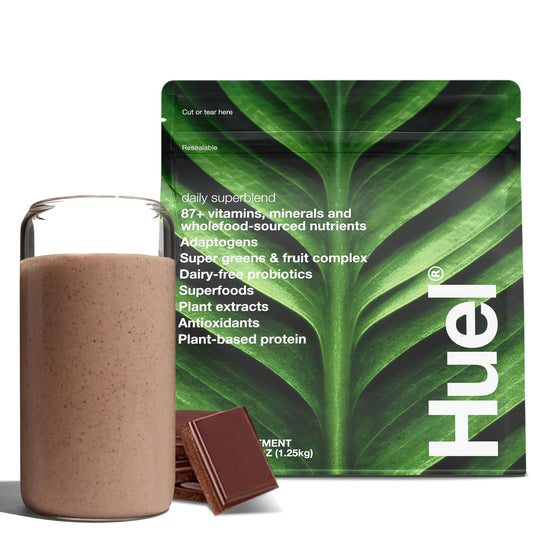 Huel envase frontal chocolate mostrando diseño y beneficio práctico