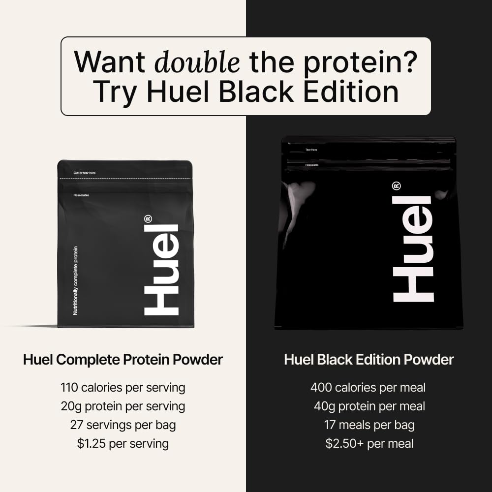 Huel envase comparado con mano, muestra tamaño y porciones prácticas