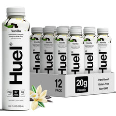 Huel bote vainilla frente mostrando la etiqueta y beneficios nutricionales