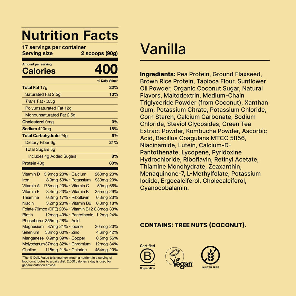 Huel etiqueta nutricional Vainilla mostrando macros y vitaminas clave