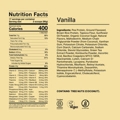 Huel etiqueta nutricional Vainilla mostrando macros y vitaminas clave