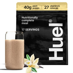 Huel frasco Vainilla vista frontal con diseño y beneficio de conveniencia