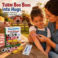 Hug-a-BooBoo curita con vaca abrazando, detalle del adhesivo y diseño tierno