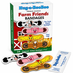 Hug-a-BooBoo caja frontal mostrando 24 curitas y diseños que atraen niños