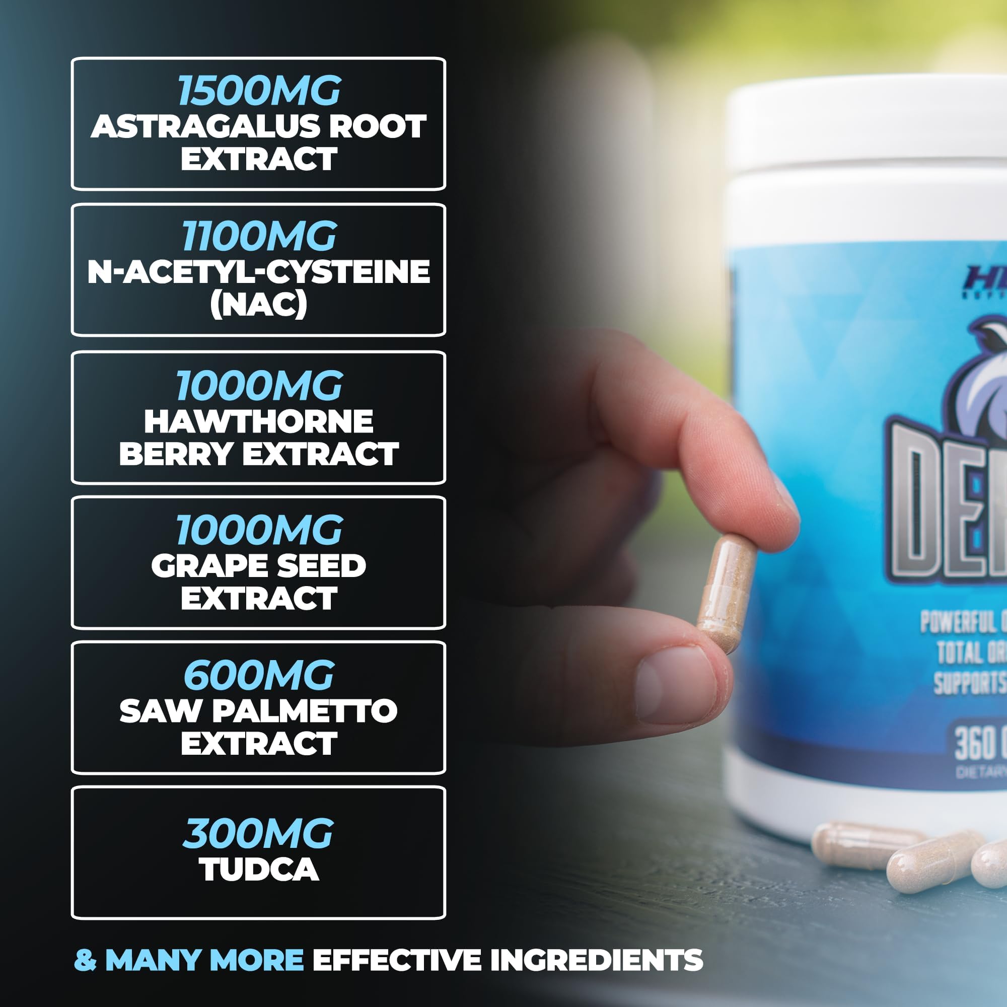 Huge Supplements defiend cápsulas en mano muestra tamaño y dosis por porción