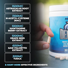 Huge Supplements defiend cápsulas en mano muestra tamaño y dosis por porción