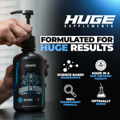 Detalle de la etiqueta de Huge Supplements con información de pureza y beneficios