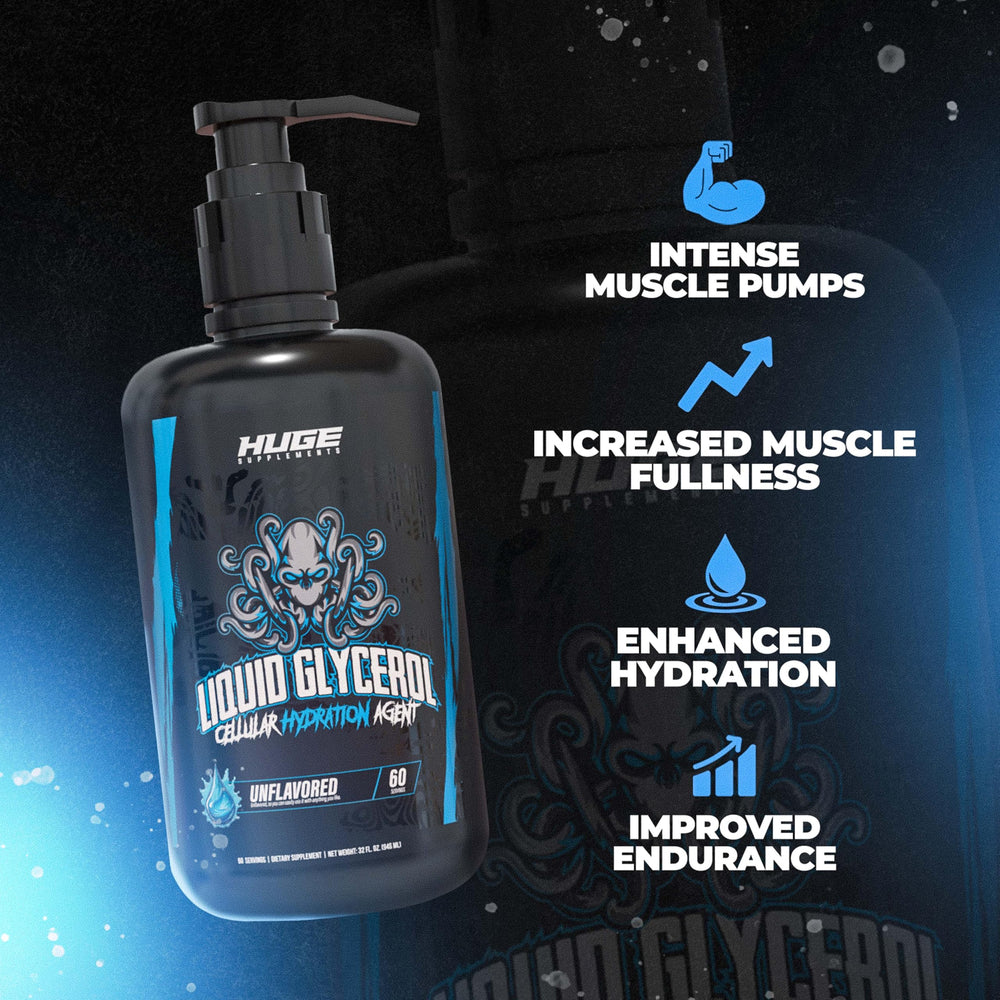 Glicerol líquido de Huge Supplements gota y textura clara, hidratación intracelular visible