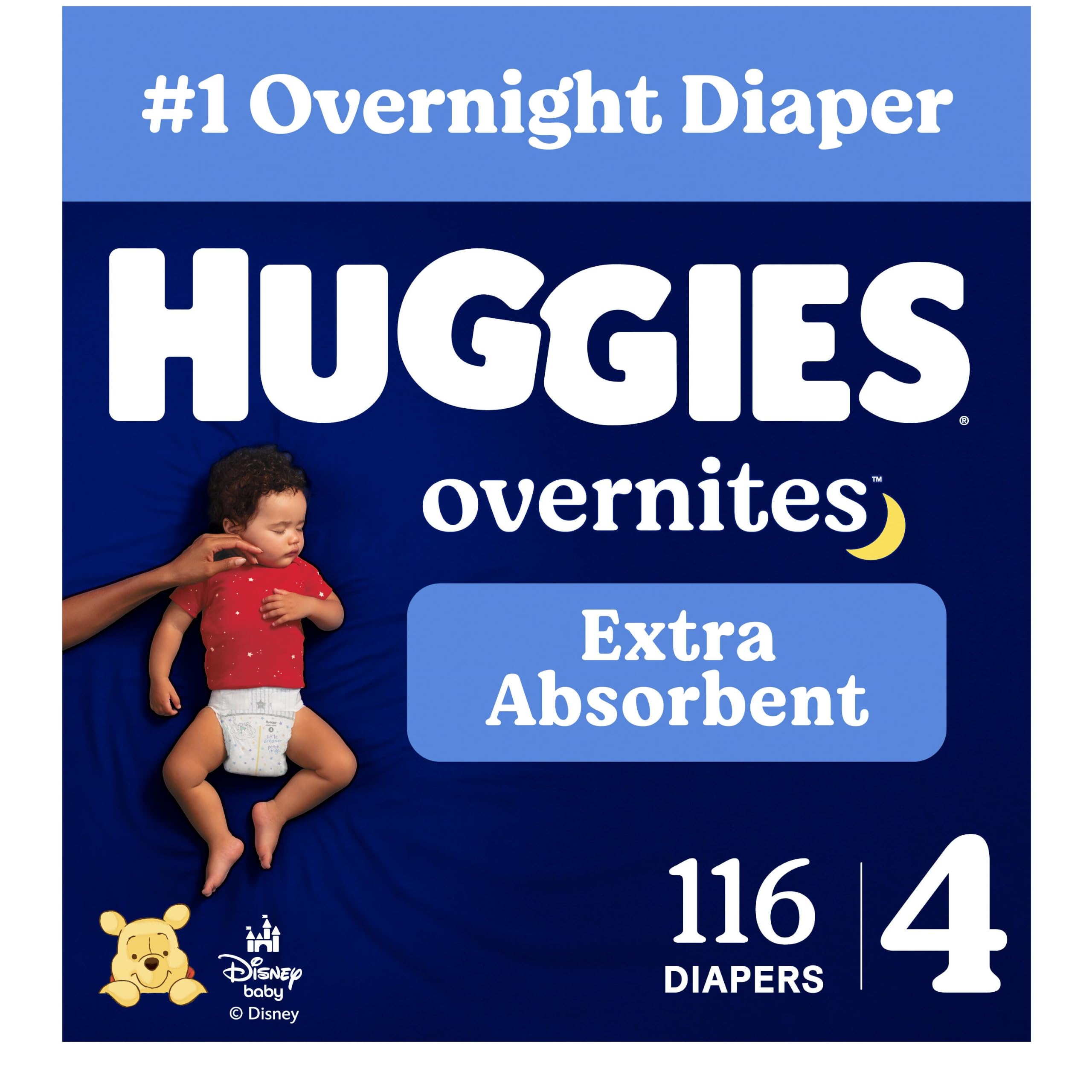 Huggies empaque frente mostrando 116 pañales y talla 4, tranquilidad nocturna
