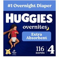 Huggies empaque frente mostrando 116 pañales y talla 4, tranquilidad nocturna