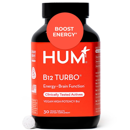 HUM B12 Turbo frente del envase mostrando diseño y beneficio de energía