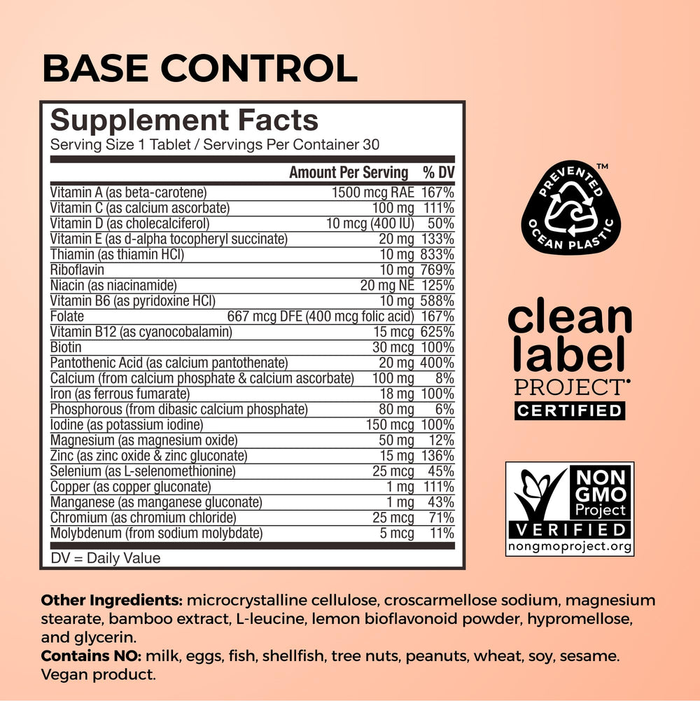 Etiqueta nutricional HUM Base Control con lista de 22 micronutrientes