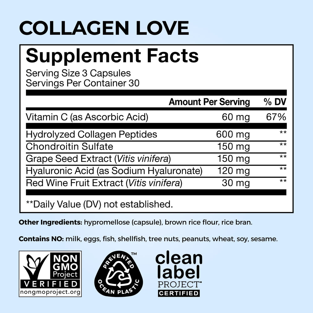 HUM Collagen Love frasco con 90 cápsulas mostrando tamaño de suministro