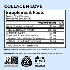 HUM Collagen Love frasco con 90 cápsulas mostrando tamaño de suministro