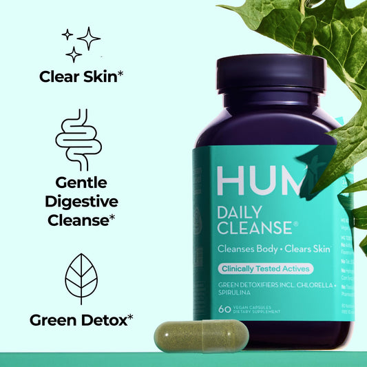 HUM Daily Cleanse cápsulas en primer plano, textura y tamaño visible