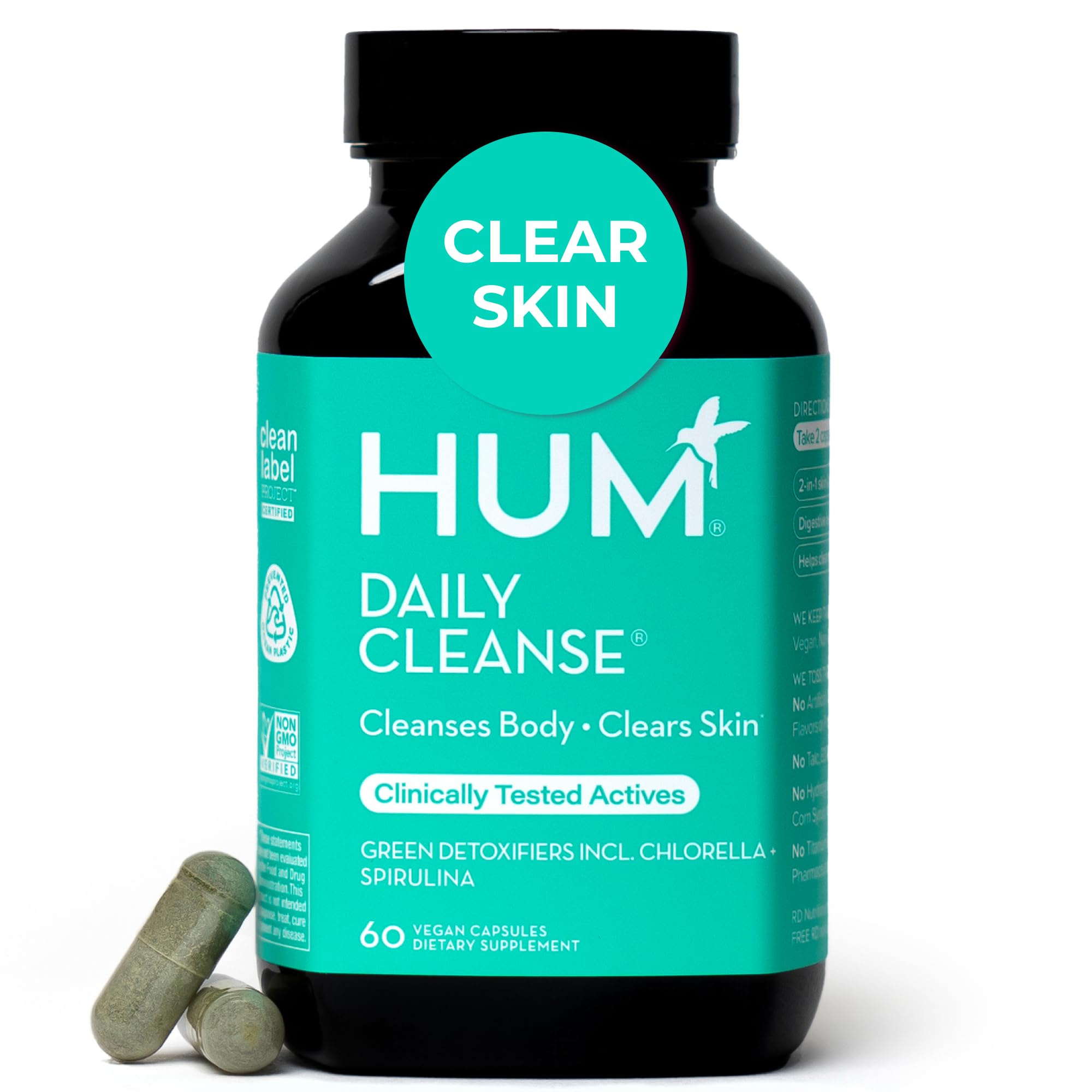 HUM Daily Cleanse vista frontal del envase mostrando diseño y cantidad