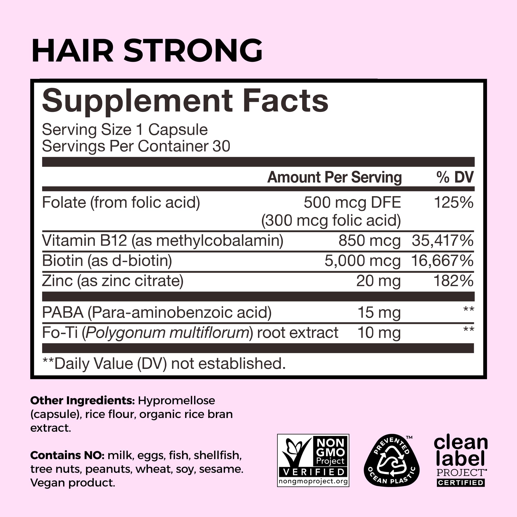 HUM Hair Strong etiqueta con lista de ingredientes y certificaciones visibles