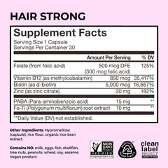 HUM Hair Strong etiqueta con lista de ingredientes y certificaciones visibles