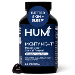 HUM Mighty Night vista frontal con frasco y cápsulas para rutina nocturna