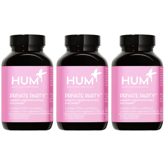Hum Private Party bottle front view highlighting a convenient daily vaginal probiotic.