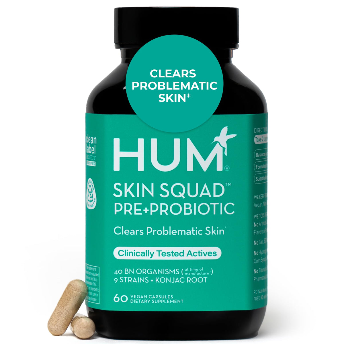 HUM Skin Squad Probiotics: botella visible para apoyar piel equilibrada y salud intestinal.