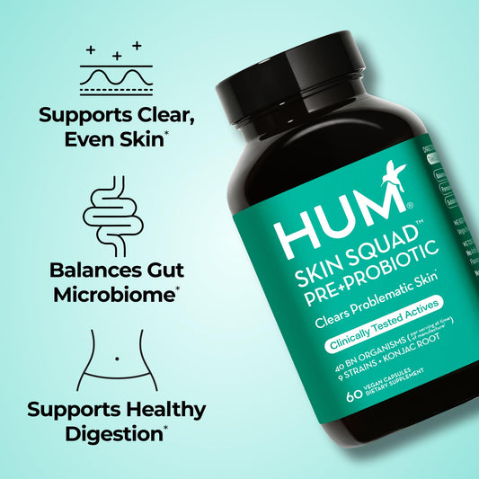 HUM Skin Squad Probiotics: cápsulas para uso diario que favorecen equilibrio cutáneo.