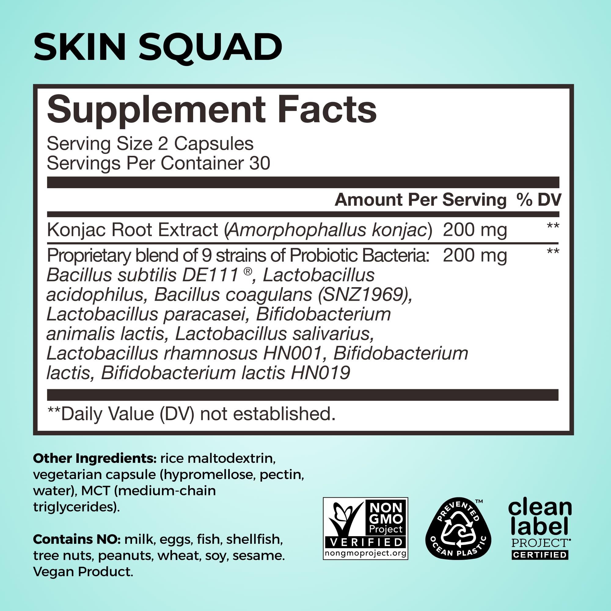 HUM Skin Squad Probiotics: lista de ingredientes que subraya prebióticos y probióticos.